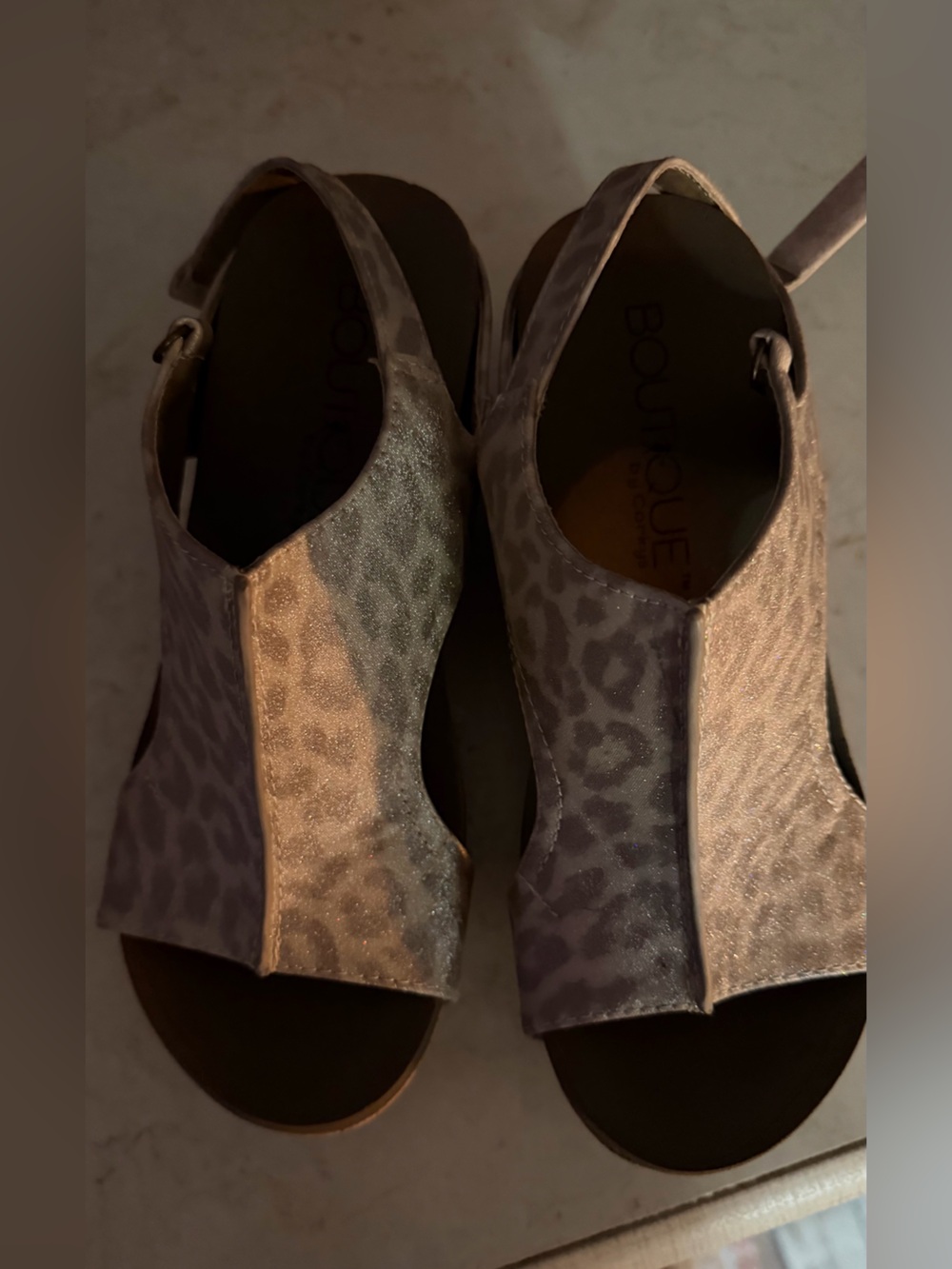 7 For All Mankind Shimmery Leopard Print Cutout Mules in Taupe and Gray